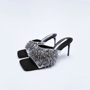 NWT Zara black, grey & silver beaded strap heeled sandals